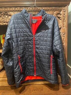 Patagonia Navy Quilted Puffer Jacket with Red Accents